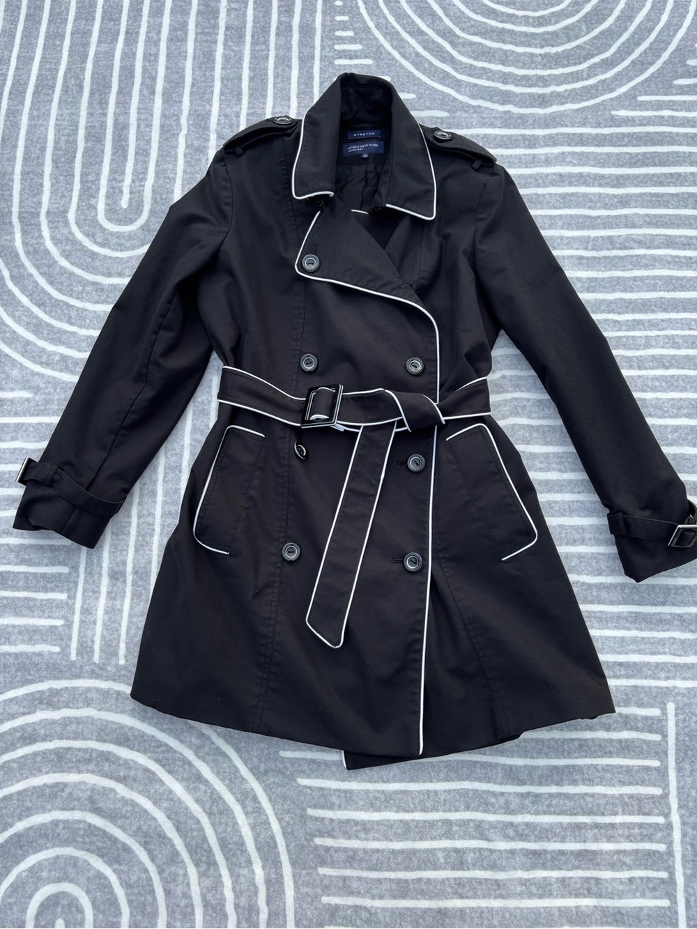 Jones New York Trench Coat, Black and White, Double-Breasted, Belted, Large - Picture 9 of 15